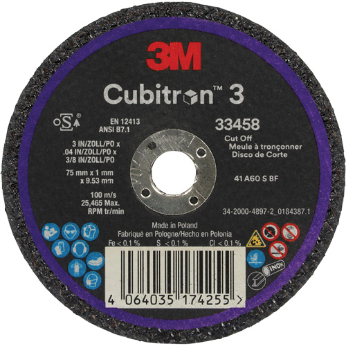 Cubitron 3 Cut-Off Wheel, 3" x 0.039", 3/8" Arbor, Ceramic Kelford