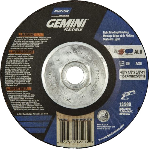 Gemini Flexible A AO Grinding and Cutting Wheel, 4-1/2" x 1/8", 5/8"-11 Arbor, Type 29, Aluminum Oxide, 13580 RPM Kelford