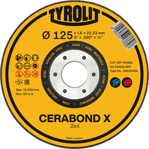 CERABOND X Cut-Off Wheel for Steel & Stainless Steel, 5" x 0.45", 7/8" Arbor, Type 1, Ceramic, 12250 RPM Kelford