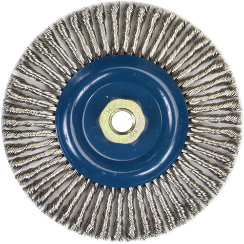 Brosse &agrave; fils nou&eacute;s pour cordons de soudure pour meuleuse angulaire, Dia. 6", Fils 0,02", Arbre 5/8"-11, Acier inoxydable Kelford