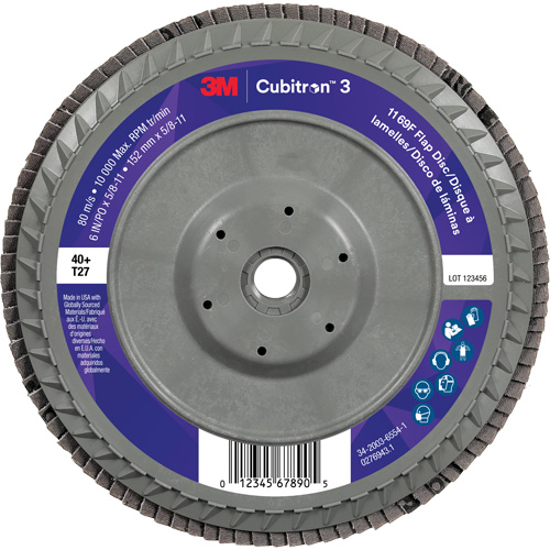 Cubitron 3 Flat Flap Disc with Quick Change 1169F, 6" x 5/8"-11, Type T27, 40+ Grit, Ceramic Kelford