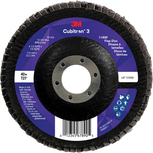 Cubitron 3 Flat Flap Disc 1169F, 4-1/2" x 7/8", Type T27, 40+ Grit, Ceramic Kelford