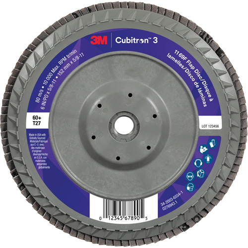 Cubitron 3 Flat Flap Disc with Quick Change 1169F, 6" x 5/8"-11, Type T27, 60+ Grit, Ceramic Kelford