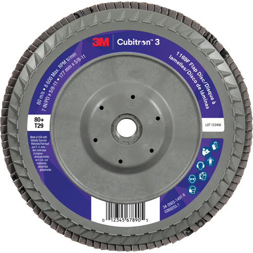 Cubitron 3 Conical  Flap Disc with Quick Change 1169F, 7" x 5/8"-11, Type T29, 80+ Grit, Ceramic Kelford