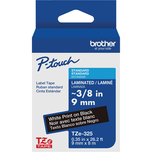 P-touch&reg; Labeling Systems, 9 mm x 314.96" or 8 m, White on Black Kelford