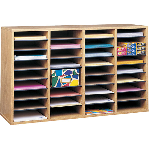 Adjustable Compartment Literature Organizer, Stationary, 36 Slots, Wood, 39-1/4" W x 11-3/4" D x 24" H Kelford