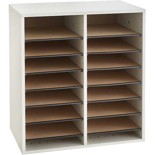 Adjustable Compartment Literature Organizer, Stationary, 16 Slots, Wood, 19-1/2" W x 11-3/4" D x 21" H Kelford
