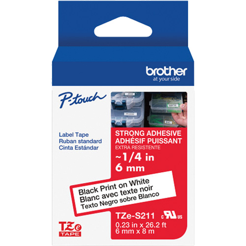 Ruban lamin&eacute; tr&egrave;s-r&eacute;sistant pour &eacute;tiqueteuses P-Touch, 6 mm x 8 m, Noir sur blanc Kelford
