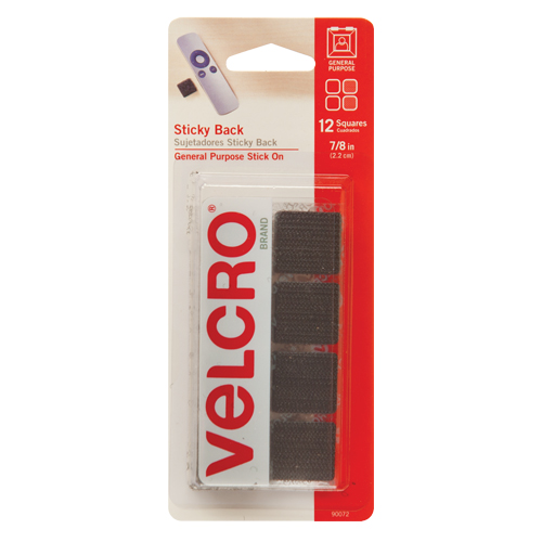 Fastener Squares, Hook & Loop, 7/8" Dia., Adhesive, Black Kelford