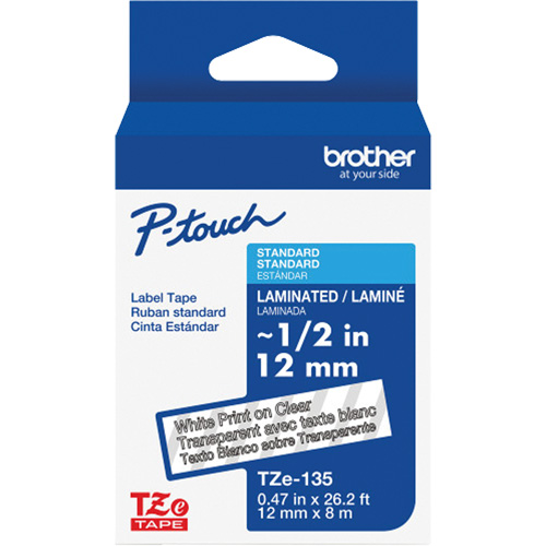 Laminated Tape for P-Touch&reg;, 12 mm x 8 m, White on Clear Kelford