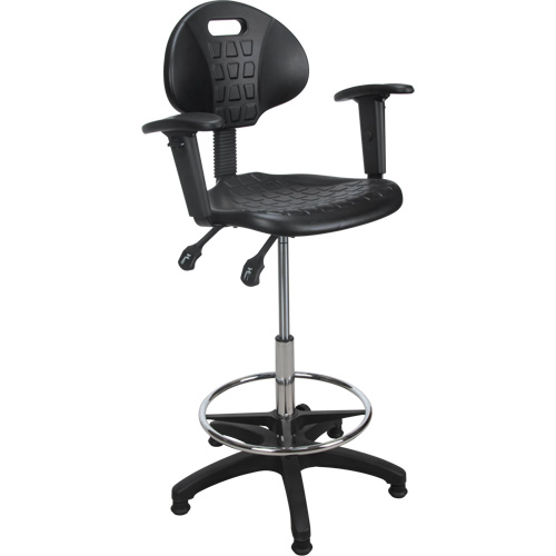 Tabouret ergonomique robuste avec accoudoirs r&eacute;glables, Stationnaire, Ajustable, 39" - 48", Polyur&eacute;thane Si&egrave;ge, Noir Kelford