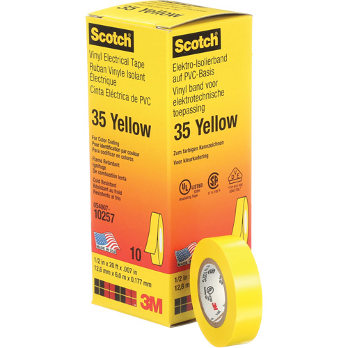 Rubans en vinyle pour codage en couleurs 35 Scotch, 12,7 mm (1/2") x 6,1 m (20'), Jaune, 7 mils Kelford