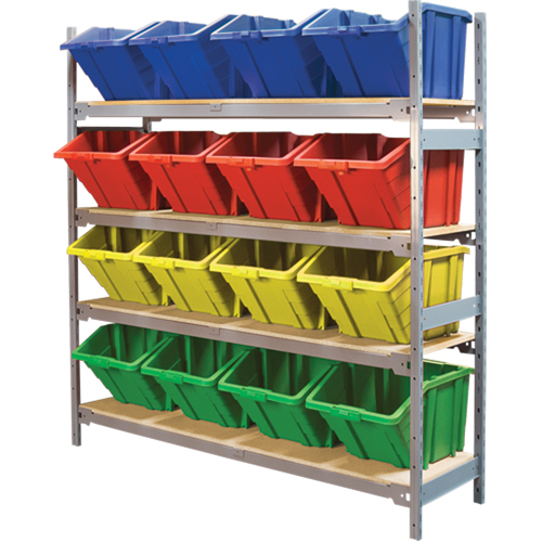 Wide Span Shelving with Jumbo Plastic Bins, Steel, Boltless, 800 lbs. Capacity, 66" W x 72" H x 18" D Kelford
