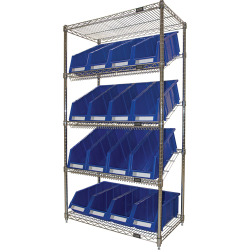 &eacute;tag&egrave;re en treillis m&eacute;tallique &agrave; tablettes inclin&eacute;es avec bacs, Tiers 5, 36" la x 63" h x 18" p Kelford