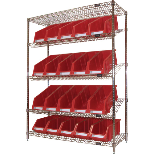&eacute;tag&egrave;re en treillis m&eacute;tallique &agrave; tablettes inclin&eacute;es avec bacs, Tiers 5, 48" la x 63" h x 18" p Kelford