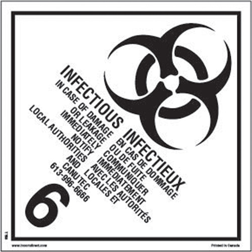 &eacute;tiquettes d'exp&eacute;dition TMD, Classe 6,2, Substances infectieuses, Vinyle Kelford