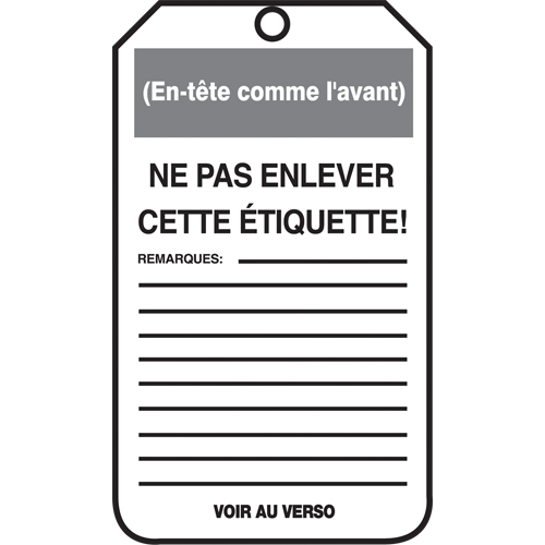 &eacute;tiquettes de verrouillage, Papier cartonn&eacute;, 3-1/8" la x 5-7/8" h, Français Kelford