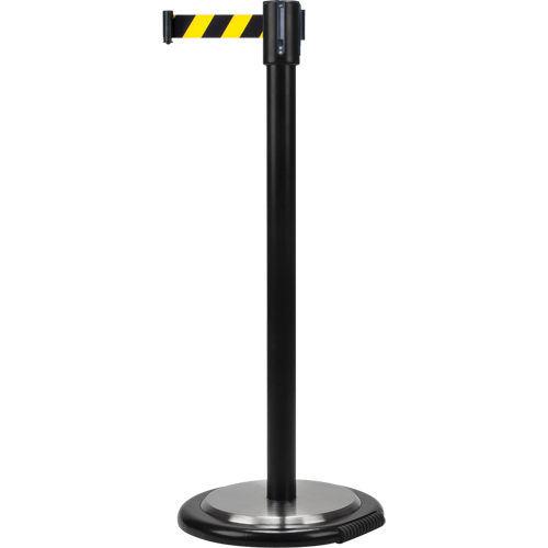 Barri&egrave;res sur pieds pour le contr&ocirc;le des foules, Acier, 35" h, Ruban Noir/Jaune, Longueur du ruban 7' Kelford