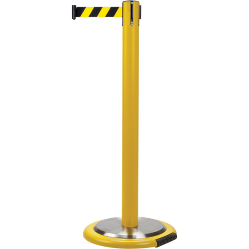 Barri&egrave;res sur pieds pour le contr&ocirc;le des foules, Acier, 35" h, Ruban Noir/Jaune, Longueur du ruban 7' Kelford