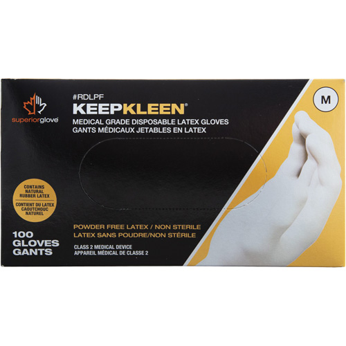 Gants jetables de calibre examen m&eacute;dical KeepKleen, Grand, Latex, 5 mils, Sans poudre, Blanc, Classe 2 Kelford