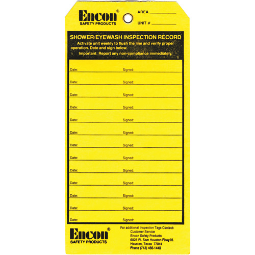 Emergency Shower & Eyewash Inspection Record Tag, Cardstock, 3-1/8" W x 6-1/4" H, English Kelford