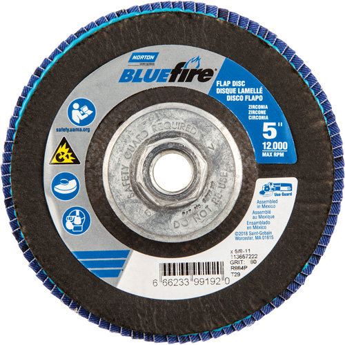 BlueFire&reg; Flap Disc, 5" x 5/8"-11, Type 29, 80 Grit, Zirconia Alumina Kelford