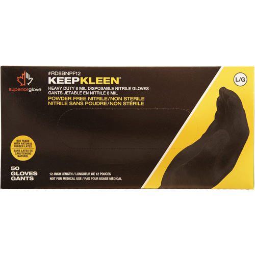 KeepKleen&reg; Disposable Gloves, Large, Nitrile, 8-mil, Powder-Free, Black Kelford
