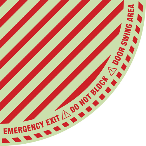 "Emergency Exit" Quarter Circle Swing Door Floor Sign, Adhesive, English with Pictogram Kelford