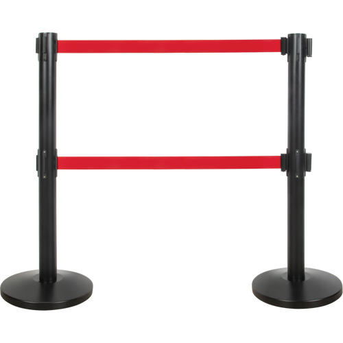 Dual Belt Crowd Control Barrier, Steel, 35" H, Red Tape, 7' Tape Length Kelford