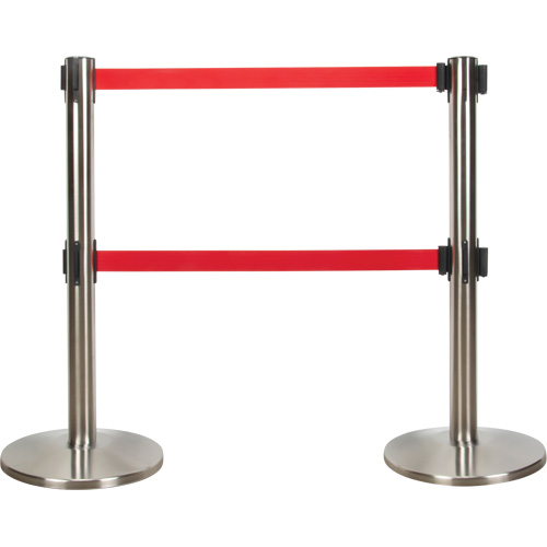 Dual Belt Crowd Control Barrier, Steel, 35" H, Red Tape, 7' Tape Length Kelford