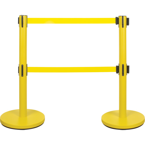 Dual Belt Crowd Control Barrier, Steel, 35" H, Yellow Tape, 7' Tape Length Kelford