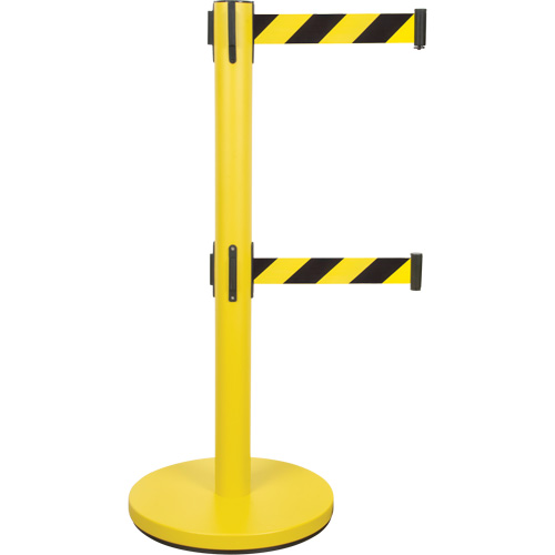 Dual Belt Crowd Control Barrier, Steel, 35" H, Black/Yellow Tape, 7' Tape Length Kelford