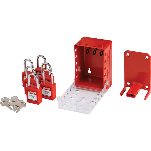 Boîte de cadenassage de groupe ultra compacte avec cadenas de s&eacute;curit&eacute; en nylon, Rouge Kelford