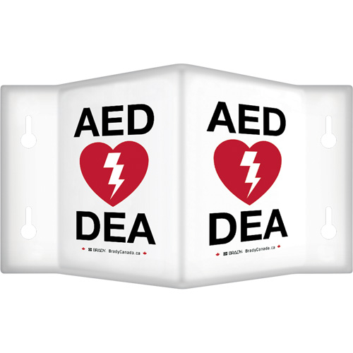 90° Projecting "AED/DEA" Sign, 6" x 5", Plastic, Bilingual with Pictogram Kelford