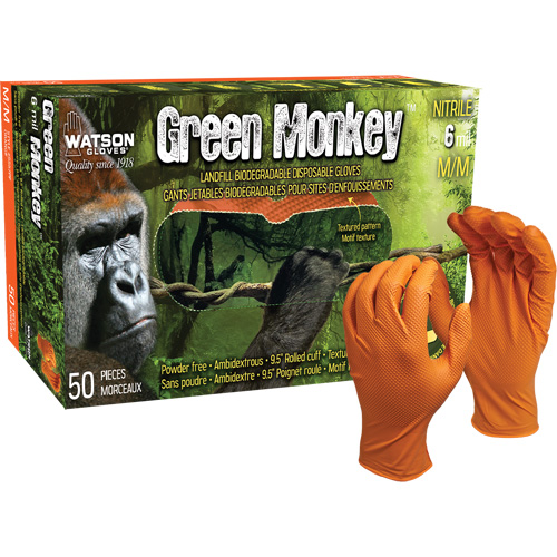 Green Monkey Disposable Gloves, Small, Nitrile, 6-mil, Powder-Free, Orange Kelford
