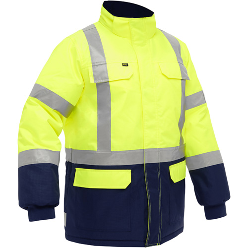 Manteau pour le froid extr&ecirc;me avec bas bleu marin et X au dos Bisley, Polyester, Jaune lime haute visibilit&eacute;, Petit Kelford