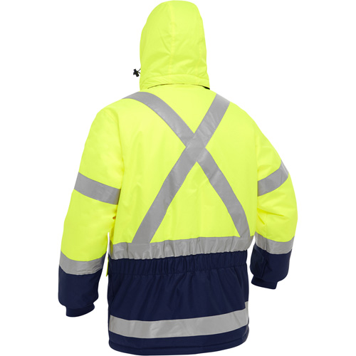 Manteau pour le froid extr&ecirc;me avec bas bleu marin et X au dos Bisley, Polyester, Jaune lime haute visibilit&eacute;, Petit Kelford
