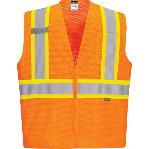 Contrast-Striped Safety Vest, High Visibility Orange, Small, Polyester Kelford