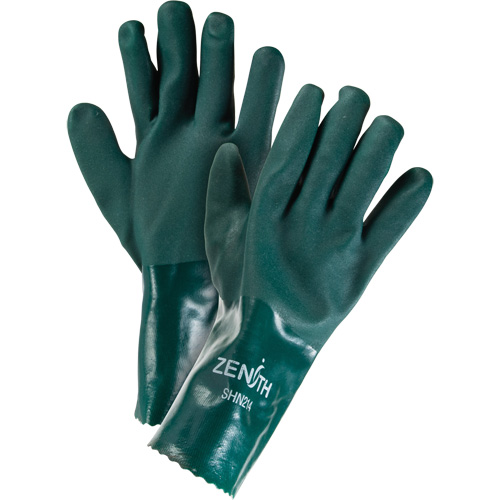 Double Dipped Green Gloves, 12" L, PVC, Cotton Jersey Inner Lining, 70-mil Kelford