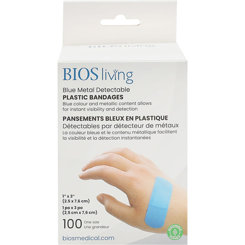 Blue Water-Resistant Bandages, Rectangular/Square, 3", Plastic Metal Detectable, Sterile Kelford
