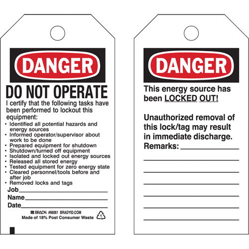 Lockout Tags, Plastic, 3" W x 5-3/4" H, English Kelford