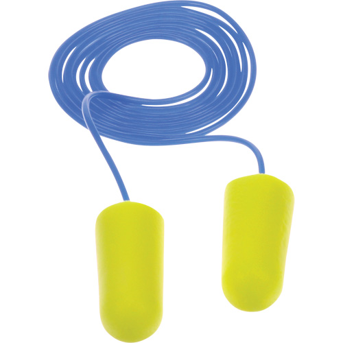 Bouchons d'oreilles n&eacute;on jaune E-A-Rsoft, Vrac - Sac en poly, Avec cordon Kelford