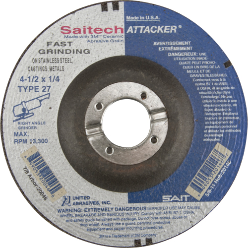 Meule rapide Saitech Attacker, 4-1/2" x 1/4", Arbre 7/8", Oxyde d'aluminium/C&eacute;ramique, Type 27 Kelford