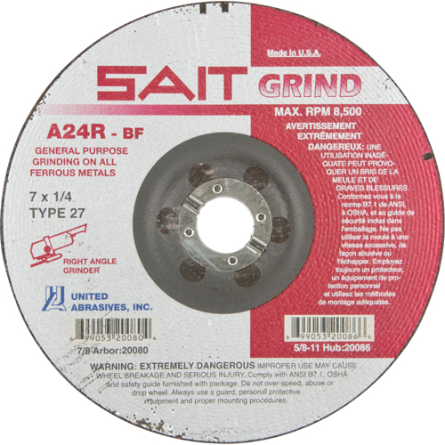 A24R Long Life Grinding Wheel, 7" x 1/4", 7/8" Arbor, Aluminum Oxide, Type 27 Kelford