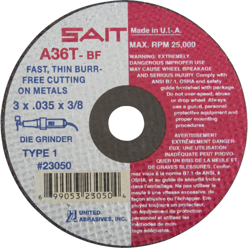 Cut-Off Wheel (A36T), 3" x 0.035", 3/8" Arbor, Type 27, Aluminum Oxide, 25000 RPM Kelford