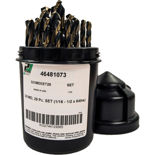 Mechanics Length Jobber Drill 135° - 1/16" to 1/2" by 1/64", 29 Pieces, High Speed Steel Kelford