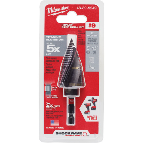 #9 Shockwave Impact Duty Step Drill Bit, 7/8" - 1-1/8" , 1/4" Increments, Titanium Kelford