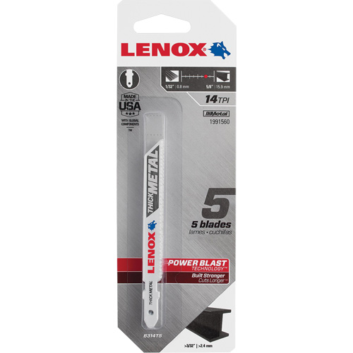 Metal Cutting Jigsaw Blades, Bi-Metal, 14 TPI, 3-5/8" L x 3/8" W Kelford