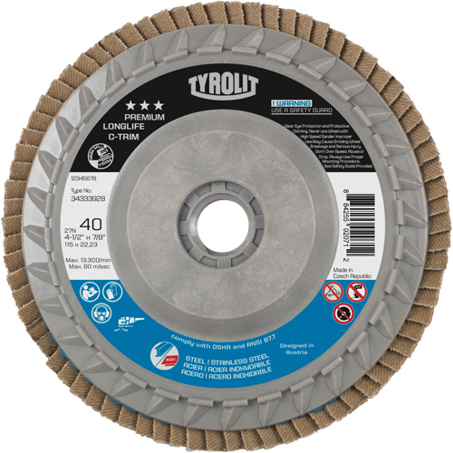 Long Life C-Trim Flap Disc, 4-1/2" x 5/8"-11, Type 27, 40 Grit, Zirconia Alumina Kelford
