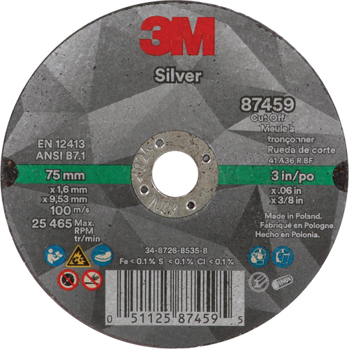 Silver Cut-Off Wheel, 3" x 0.06", 3/8"-24 Arbor, Type 1, Ceramic, 25645 RPM Kelford